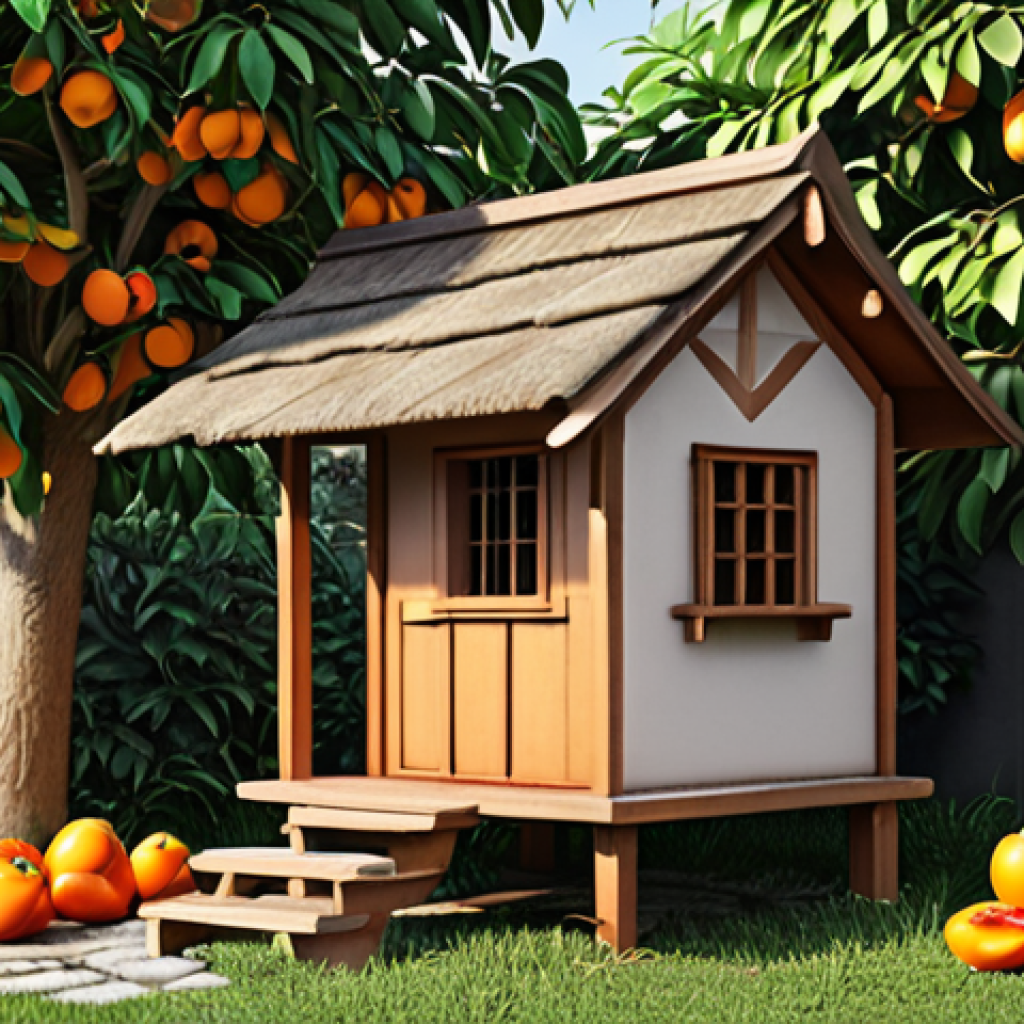 A cozy sparrow house attached to a 감나무 (persimmon tree) in a lush garden, providing shade and shelter.
