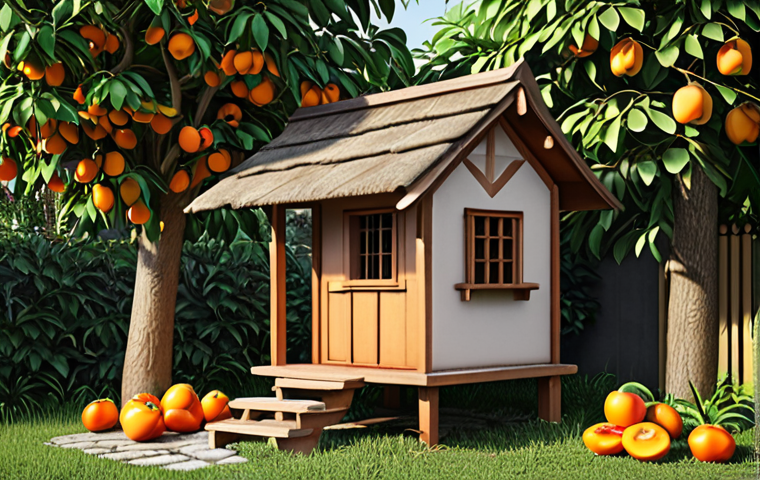 A cozy sparrow house attached to a 감나무 (persimmon tree) in a lush garden, providing shade and shelter.